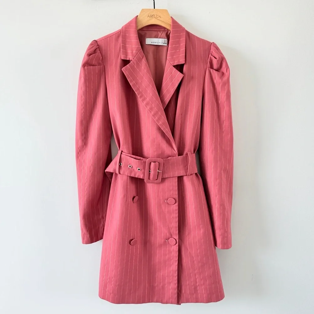 Adelyn Rae Pink Pinstripe Belted Blazer Dress XS Double Breasted Mini - Picture 2 of 14